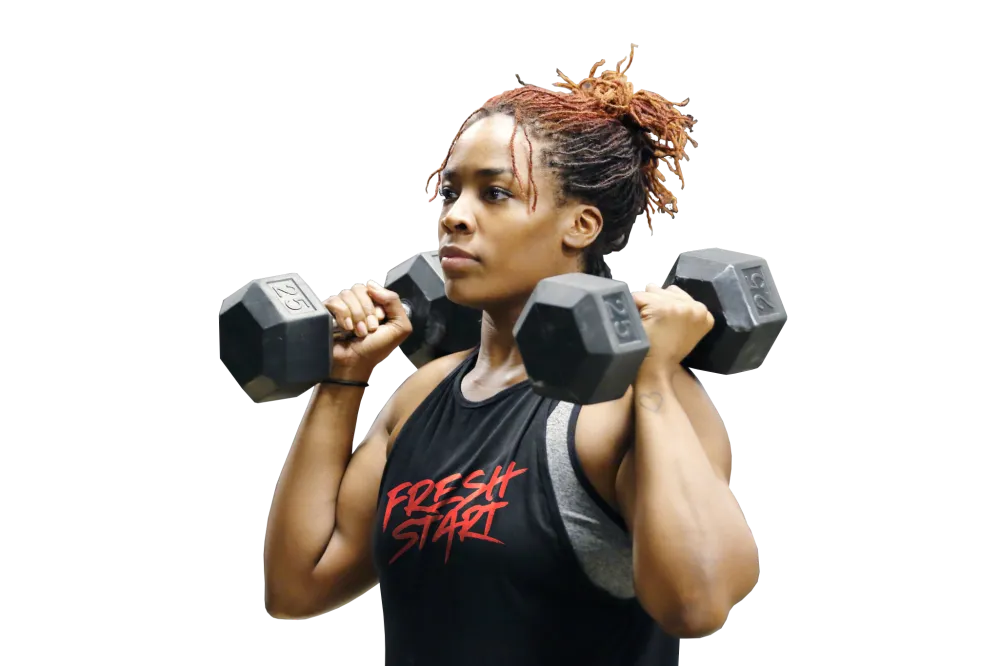 woman lifting dumbbells with Fresh Start tshirt woman lifting dumbbells with Fresh Start tshirt