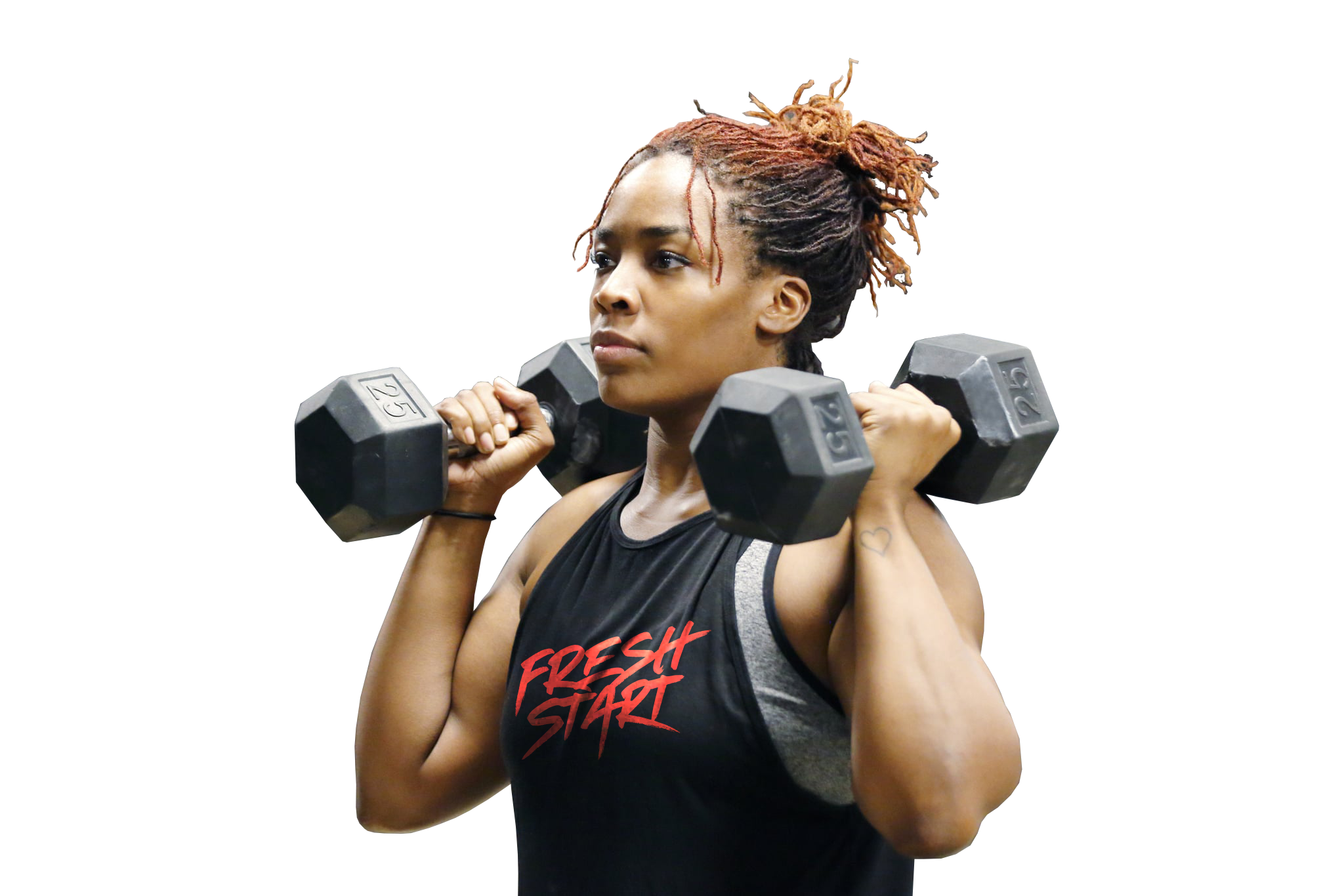 woman lifting dumbbells with Fresh Start tshirt